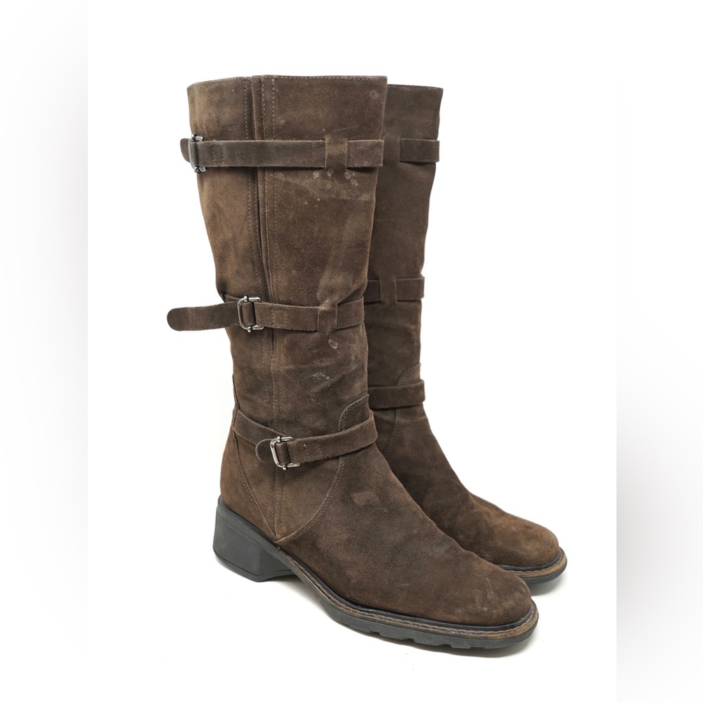 Aquatalia Women's Brown Suede Buckle Strap Zip Up Knee Boots Size 7